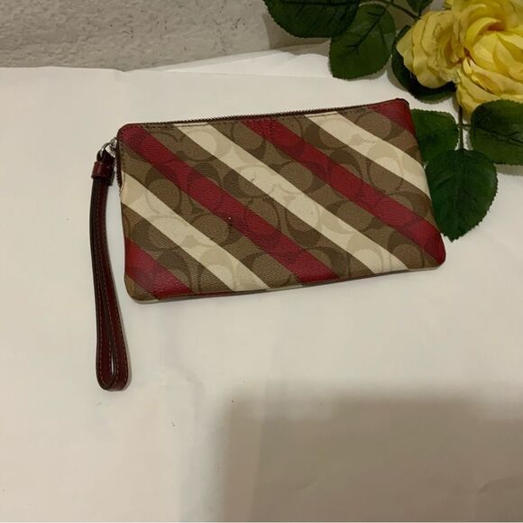 Coach Signature Striped Large Zip Close Wristlet Purse Clutch - Picture 2 of 8